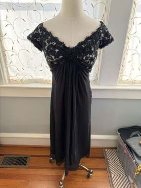 Tadashi Collection Black Silk Chiffon Lace & Sequin Embellished Cap Sleeve Cockt